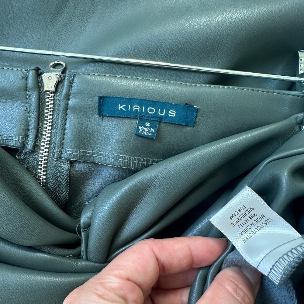 Kirious Olive Green‎ Vegan Leather Midi Skirt Knot Front Back Slit Size Small - Picture 7 of 7